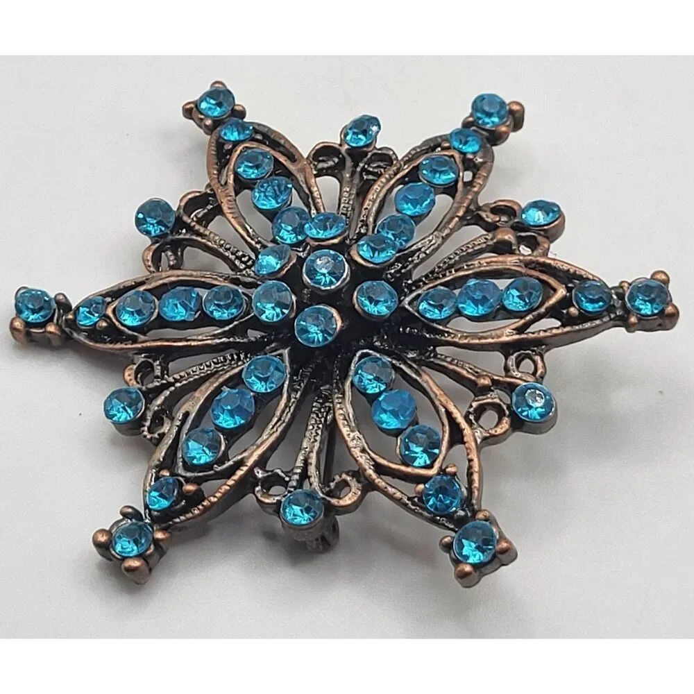 Retro 50s Style Starburst Copper Blue Turquoise Rhinestone Brooch 3in